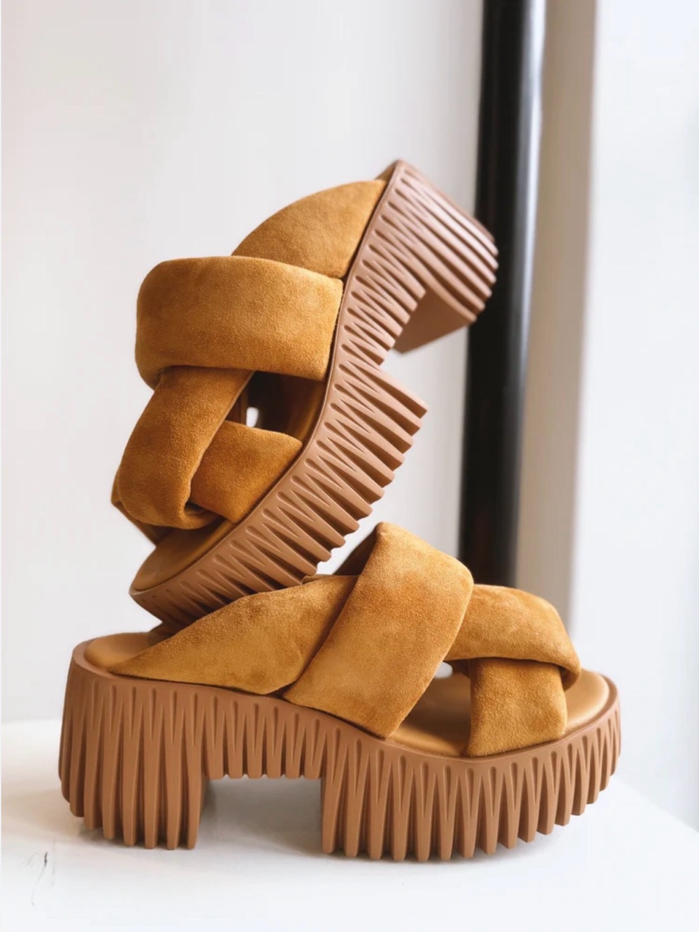 Platform Crisscross Slide Sandals in Mustard Suede